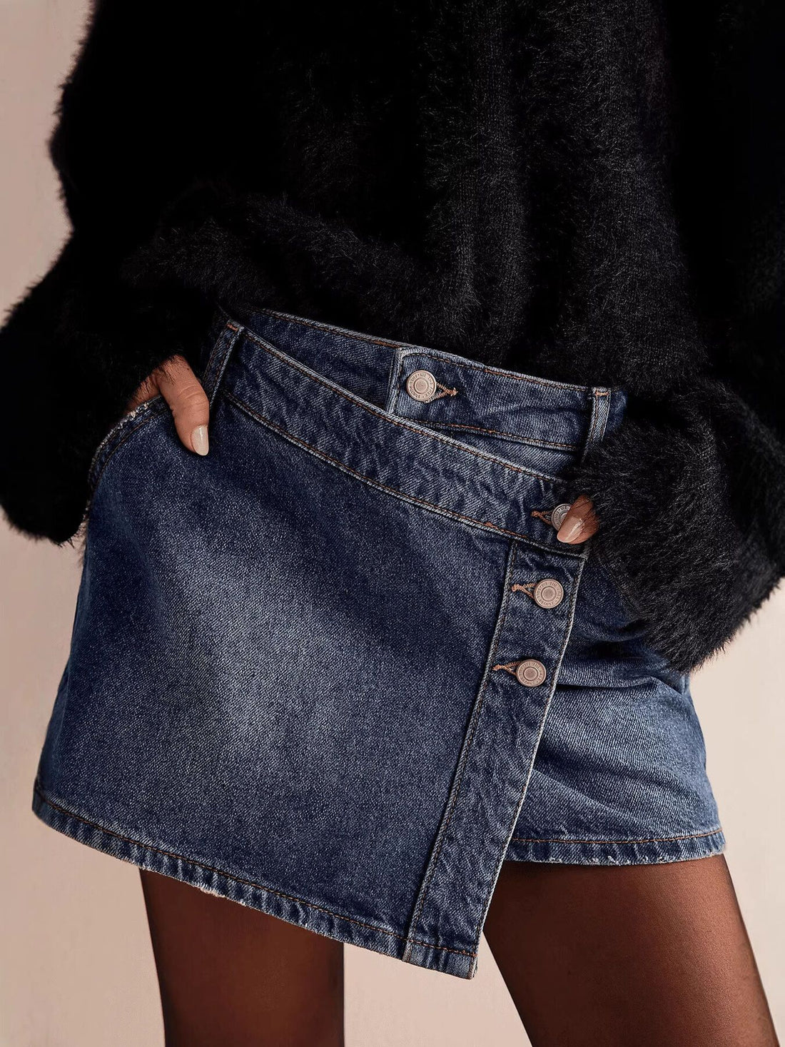 Asymmetrical Button-Front Denim Skort - cas7m
