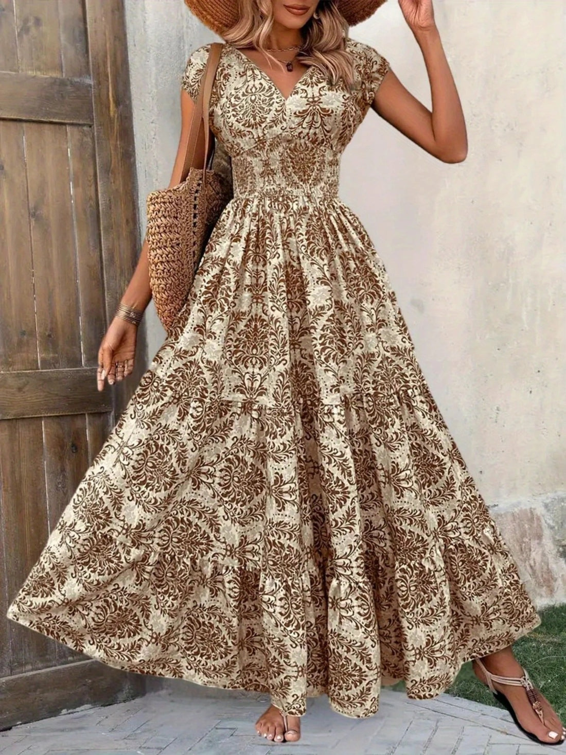 Smocked Tiered Maxi Dress - Chic Polyester Statement - cas7m