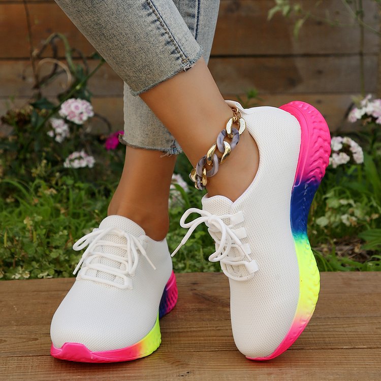 Lace-up Mesh Shoes With Rainbow Sole Design Fashion Walking Running Sports Shoes Sneakers For Women - cas7m