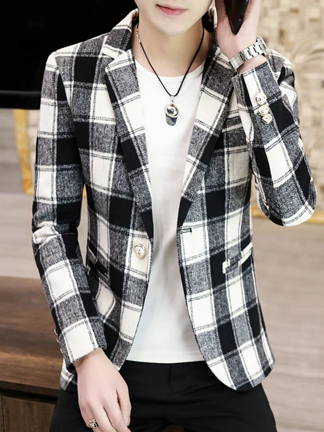 Men's Plus Size Plaid Slim Fit Blazer - cas7m