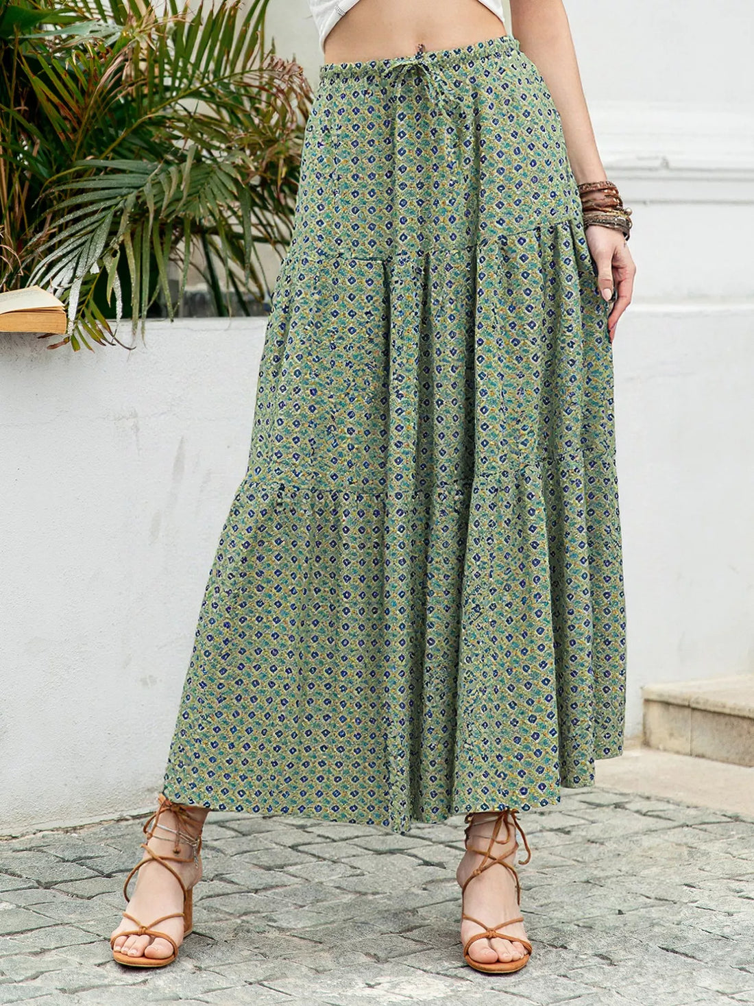 Boho Print Tiered Maxi Skirt - cas7m