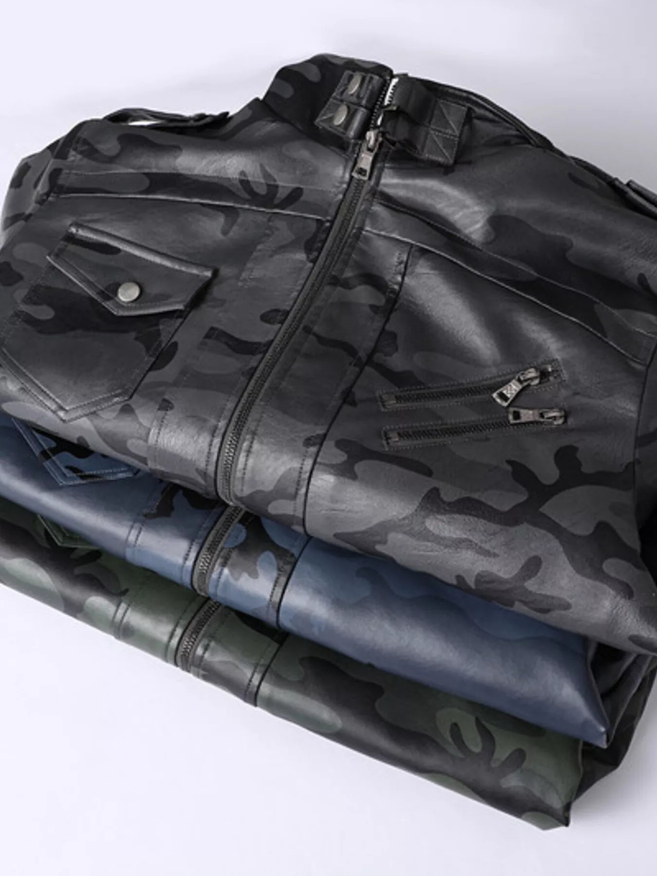 Men's Full Size Zip Up Camouflage Faux Leather Jacket Plus Size - cas7m