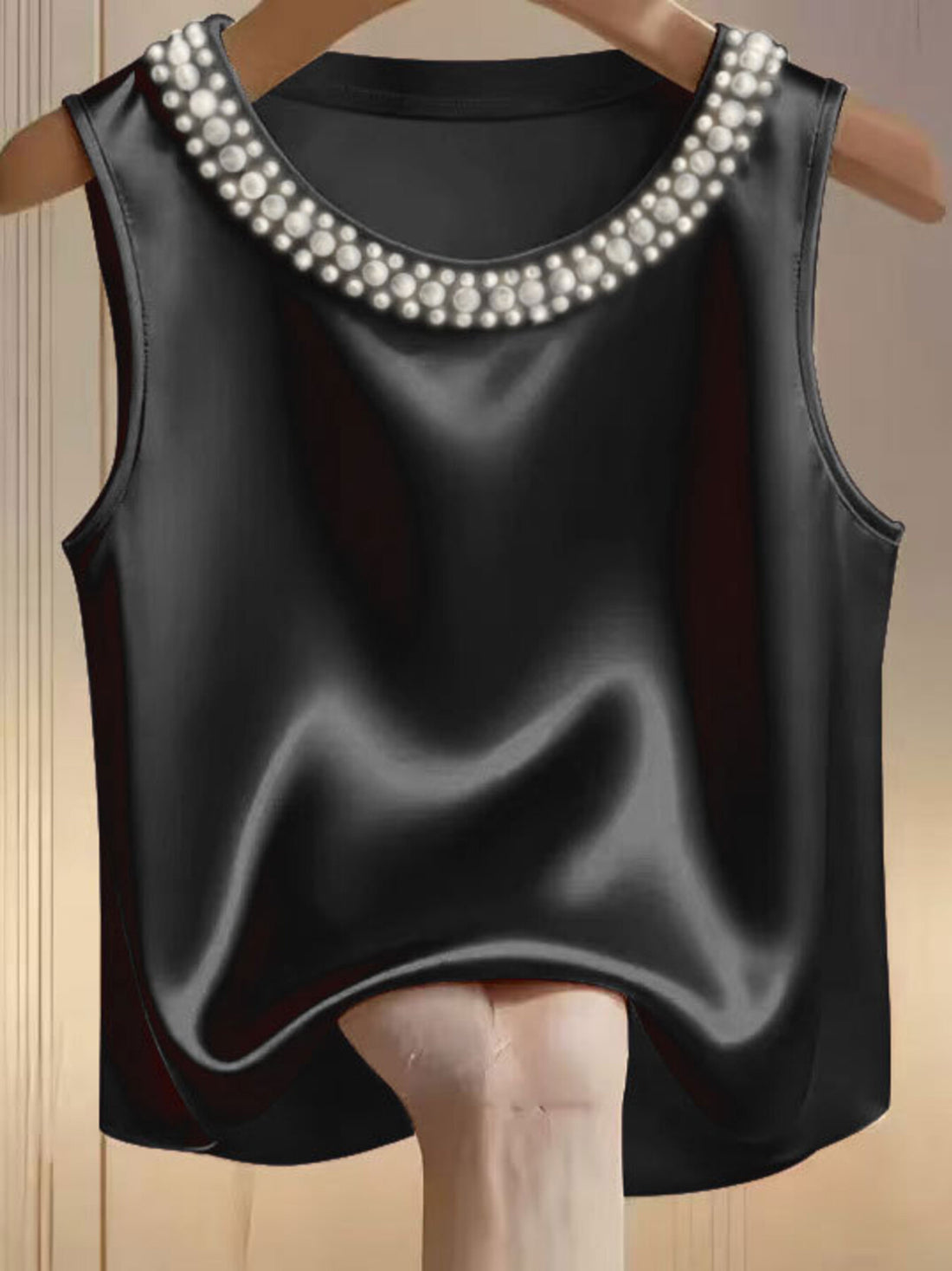 Pearl Embellished Satin Tank Top - cas7m