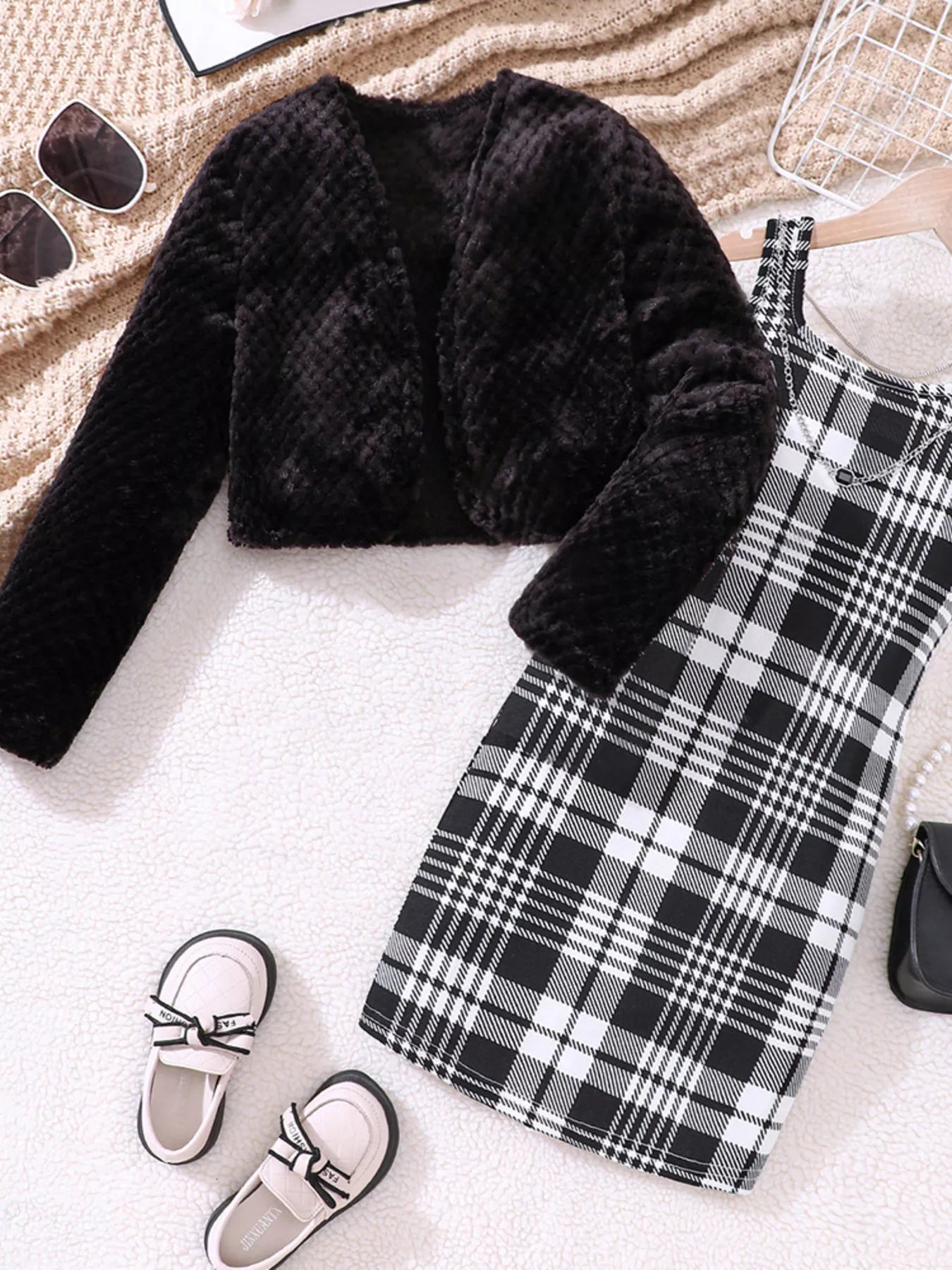 Children's Fuzzy Cardigan & Plaid Dress Set - cas7m