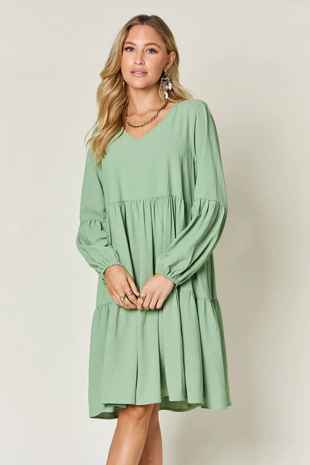 Double Take Full Size V-Neck Balloon Sleeve Tiered Dress with Pockets - cas7m