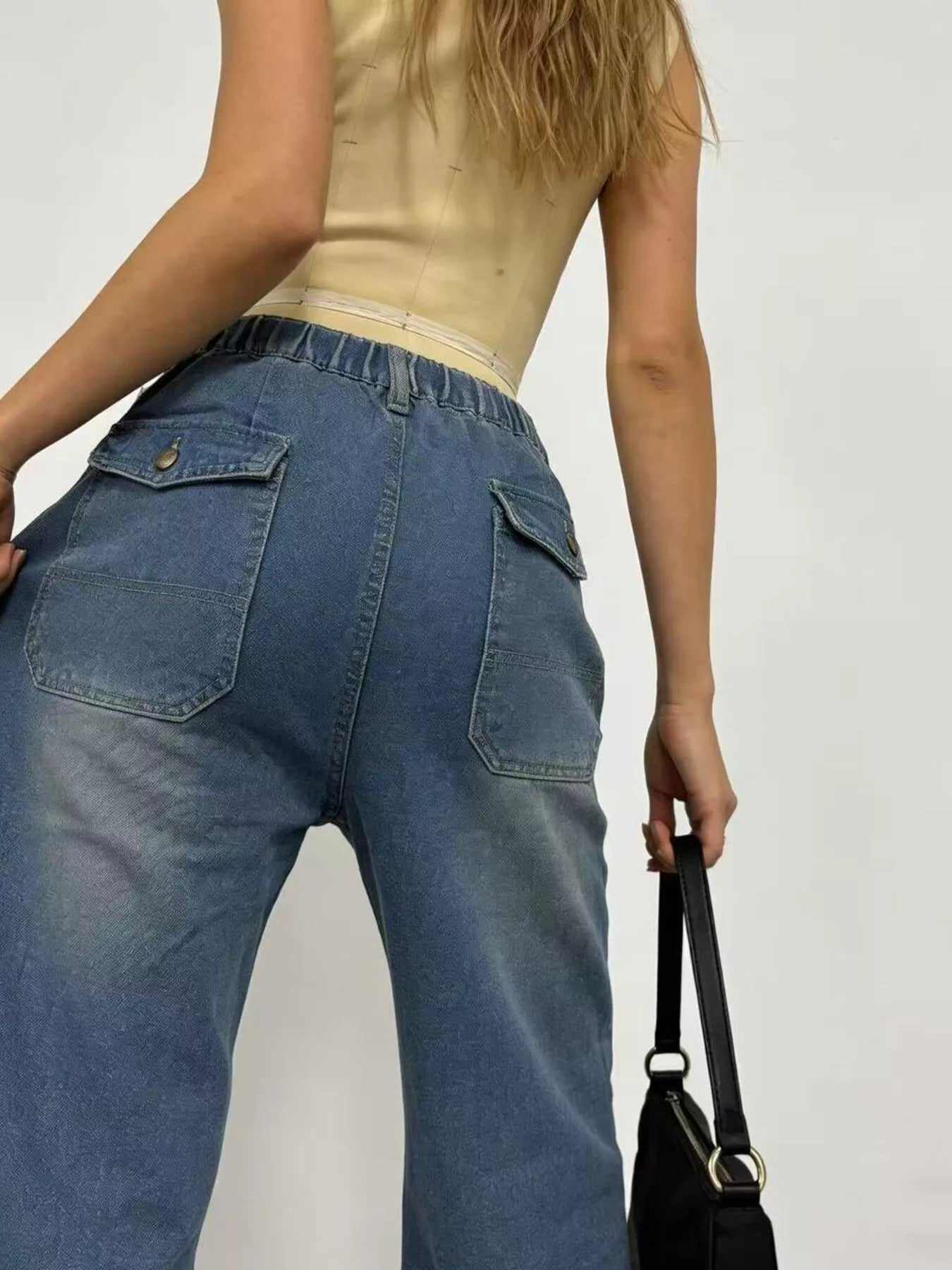 Wide Leg Contrast Stitching Jeans - cas7m