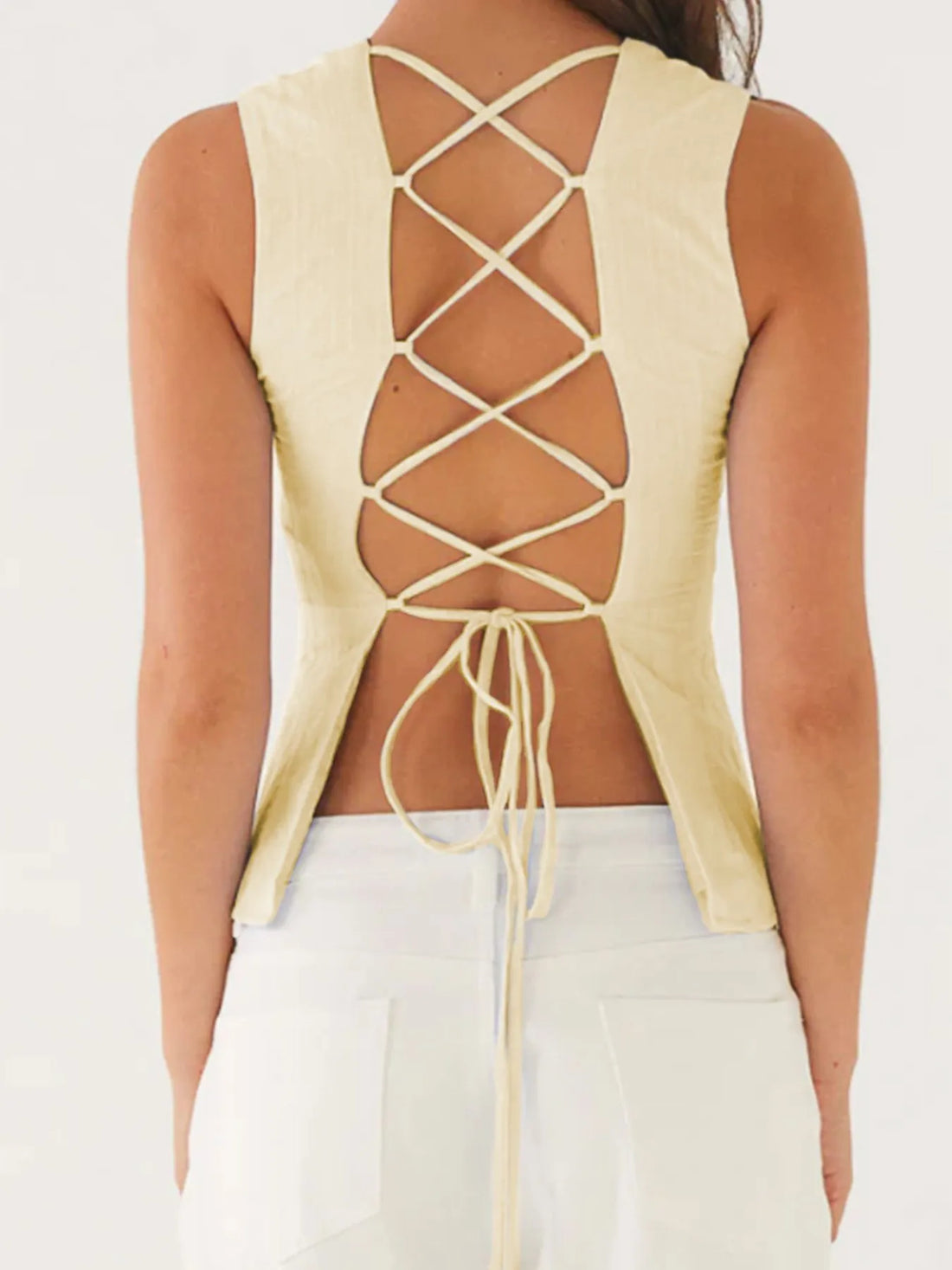 Back Lace Up Sleeveless Top with Cinched Waist Design - cas7m