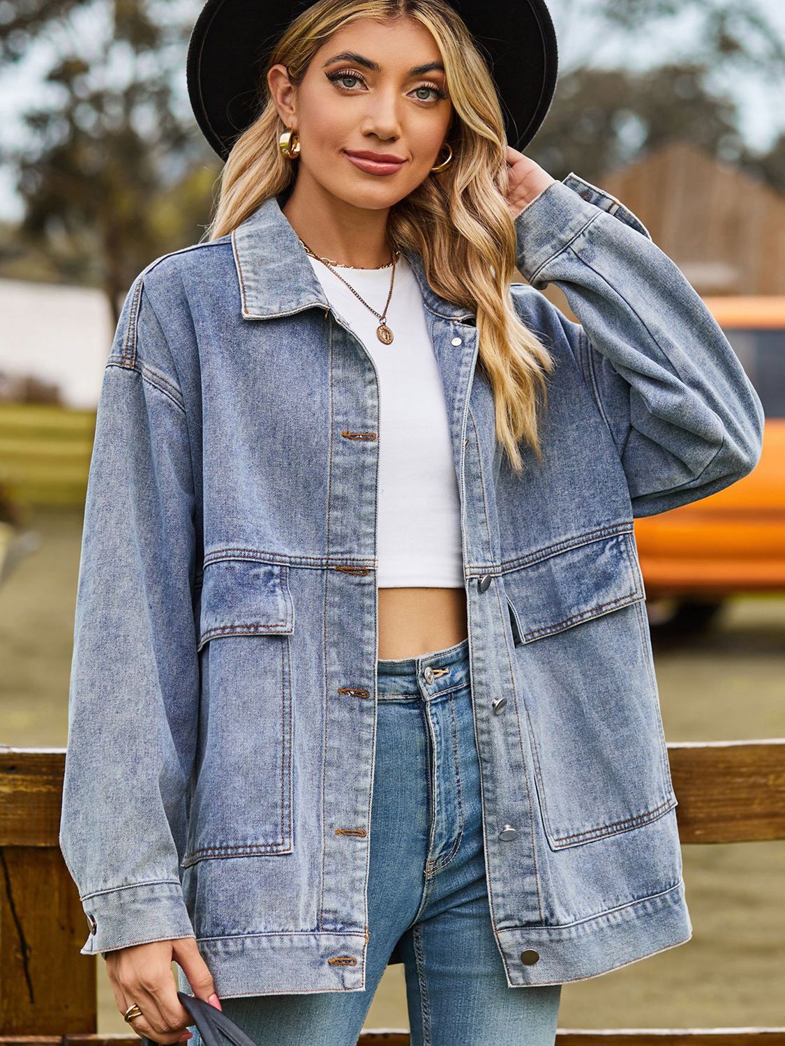 Dropped Shoulder Denim Jacket with Pockets - cas7m