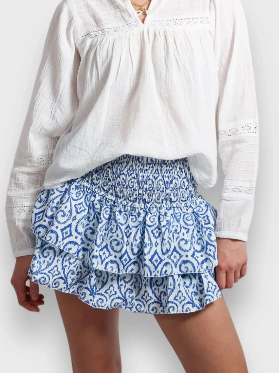 Smocked Wideband Waist Layered Mini Skirt - cas7m