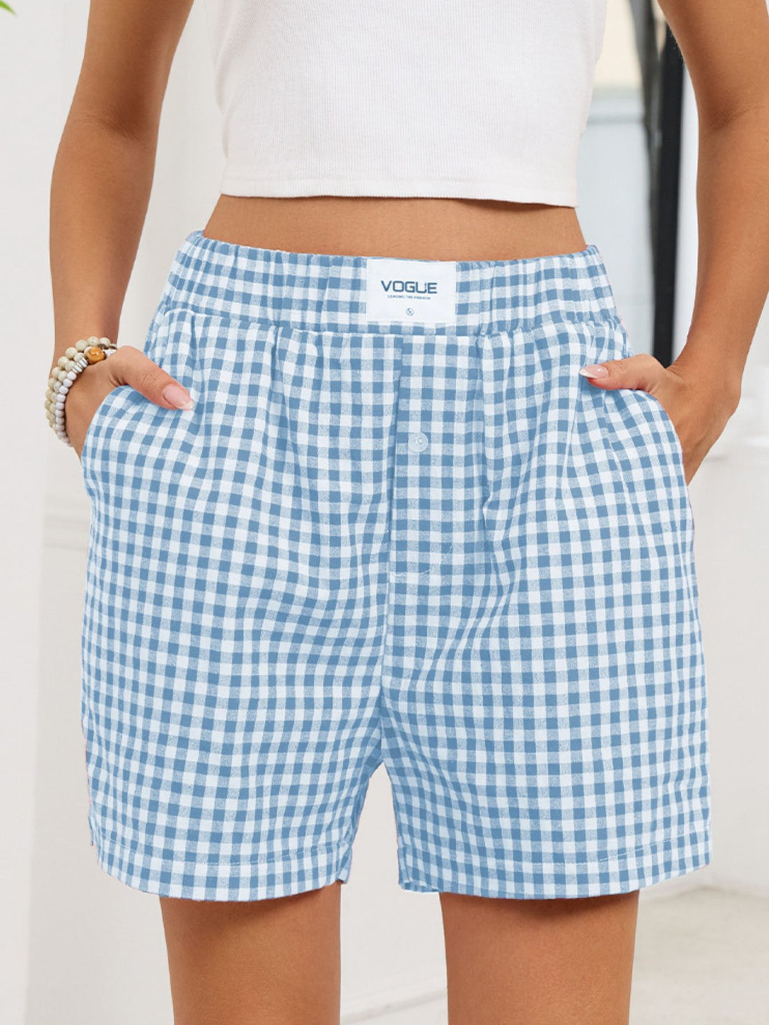 Gingham Elastic Waist Casual Shorts - cas7m