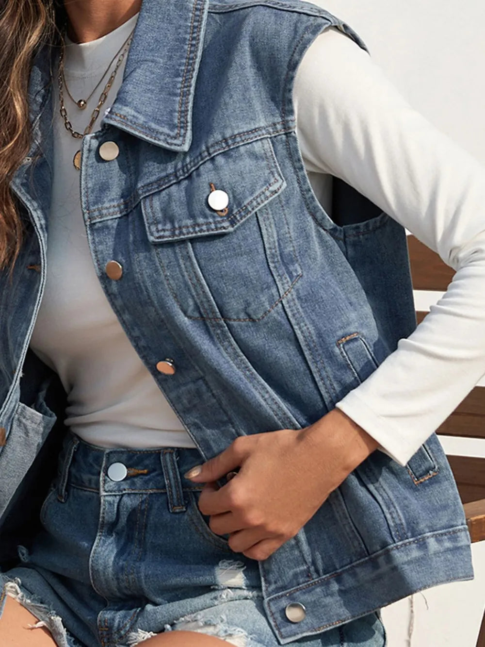Collared Neck Sleeveless Denim Jacket - cas7m