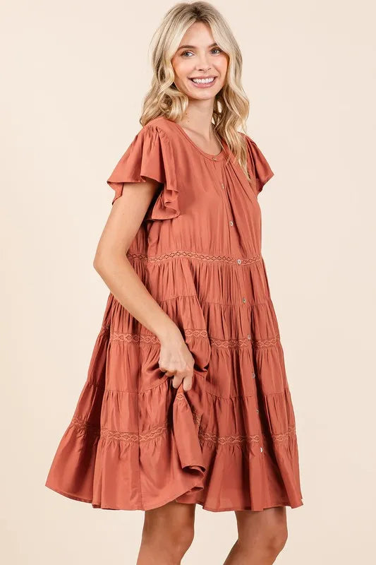 Mittoshop Lace Detail Ruffled Button Down Tiered Dress - cas7m