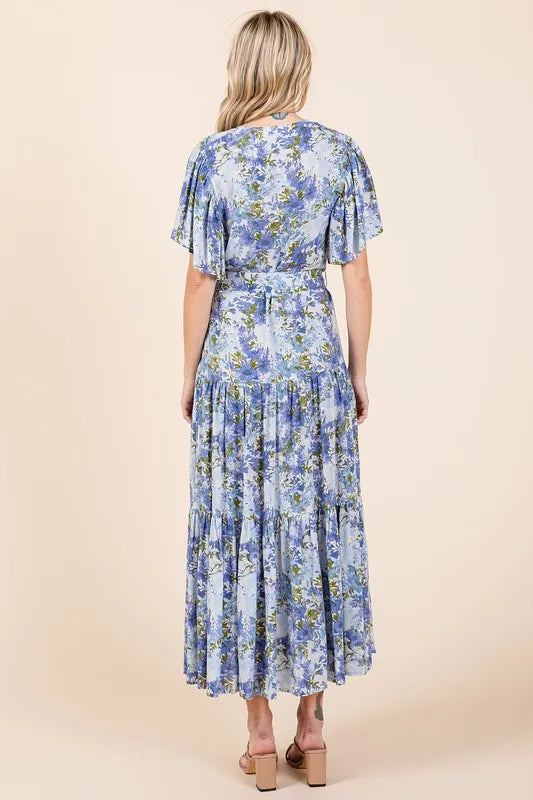 Mittoshop Floral Tie Waist Flutter Sleeve Tiered Dress - cas7m