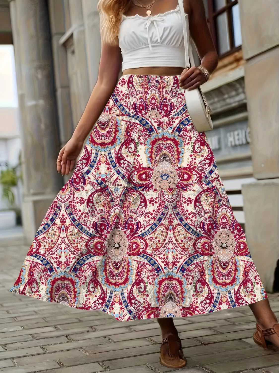 Smocked Printed High Waist Skirt - cas7m