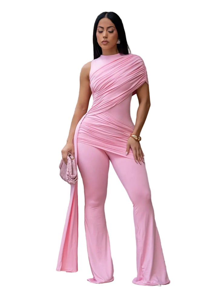 Ruched One-Shoulder Flare Leg Jumpsuit - cas7m