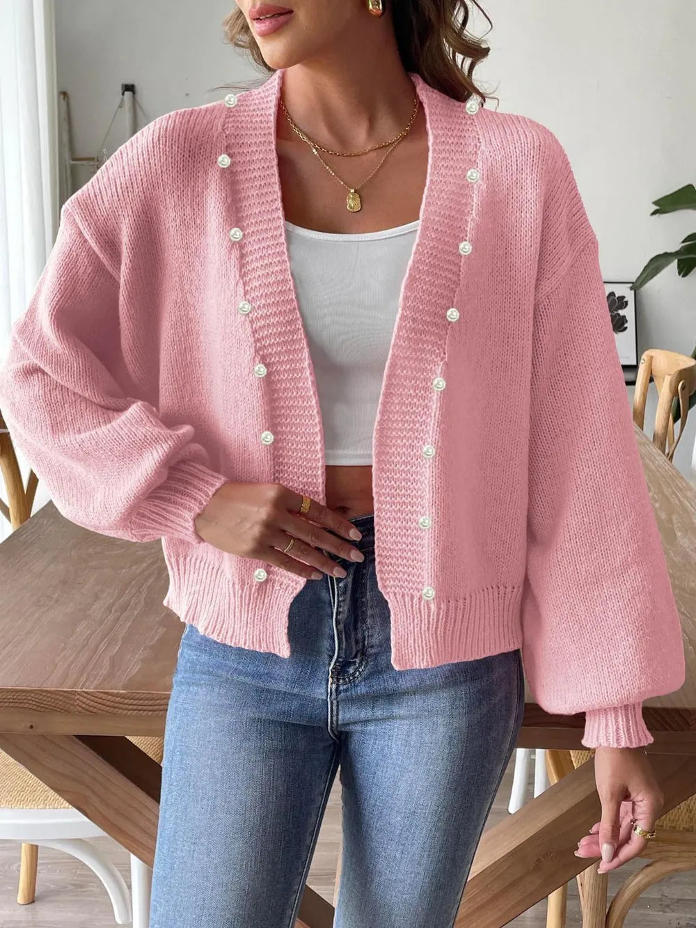 Pearl Open Front Long Sleeve Cardigan - cas7m