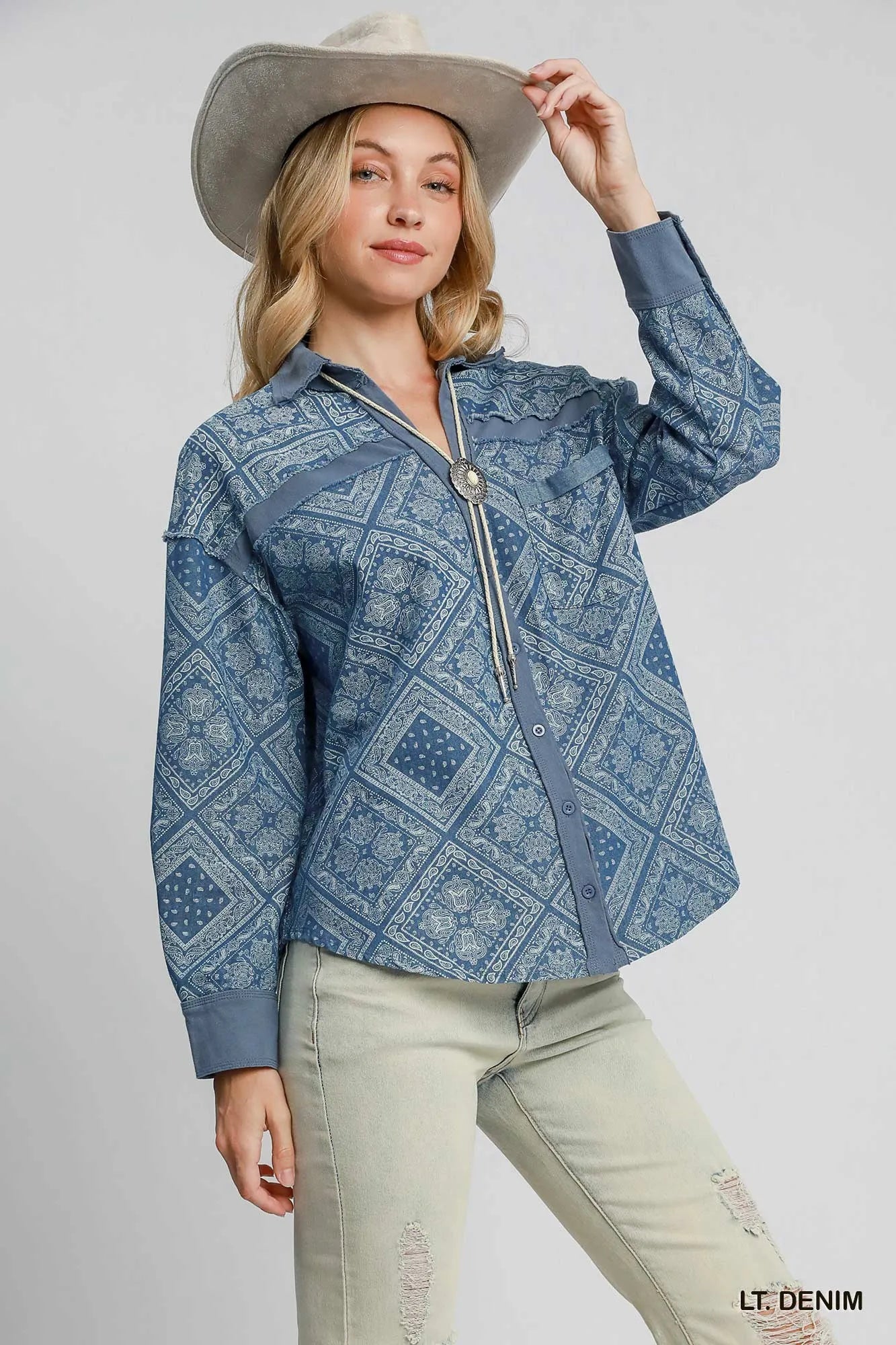 Umgee Paisley Print Denim Shirt Jacket - cas7m