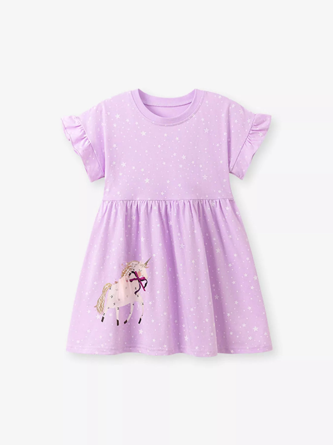 Children's Unicorn Star Print Ruffled Sleeve Dress - cas7m