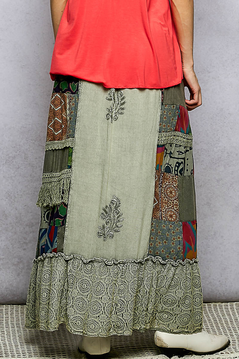 POL Printed Patchwork Embroidered Ruffled Skirt - cas7m