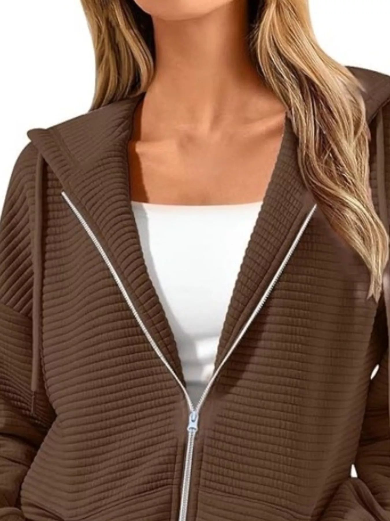 Drawstring Zip Up Dropped Shoulder Hoodie - cas7m