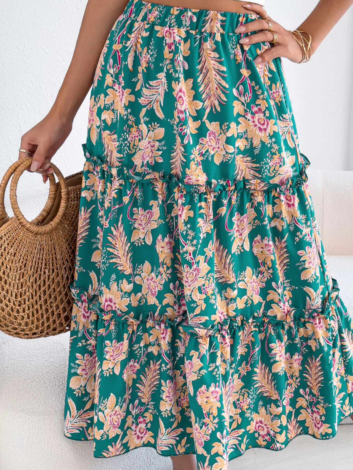 Floral Print Ruffle Hem Flowy Midi Skirt - cas7m