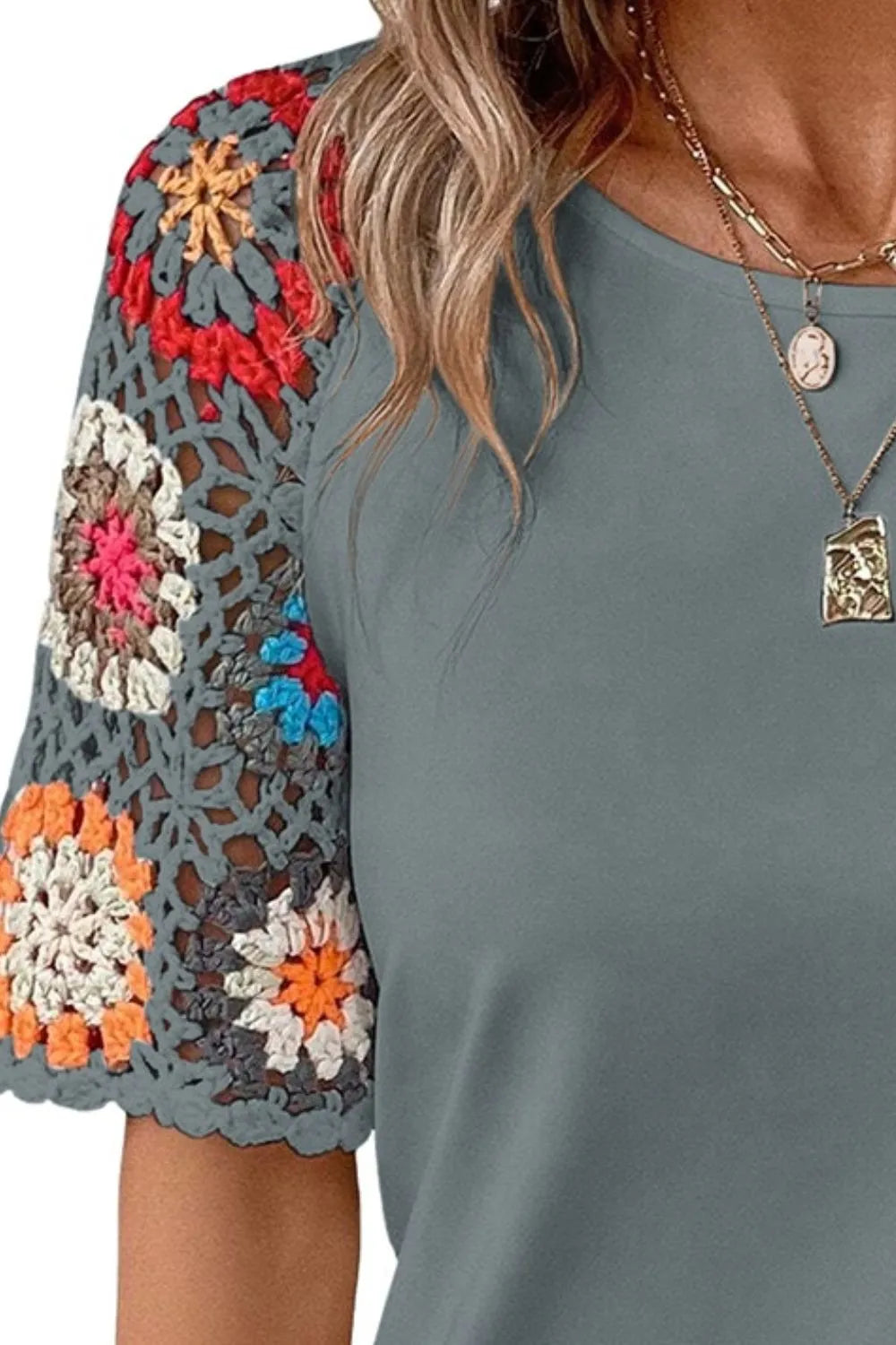 Geometric Round Neck Short Sleeve Blouse - cas7m