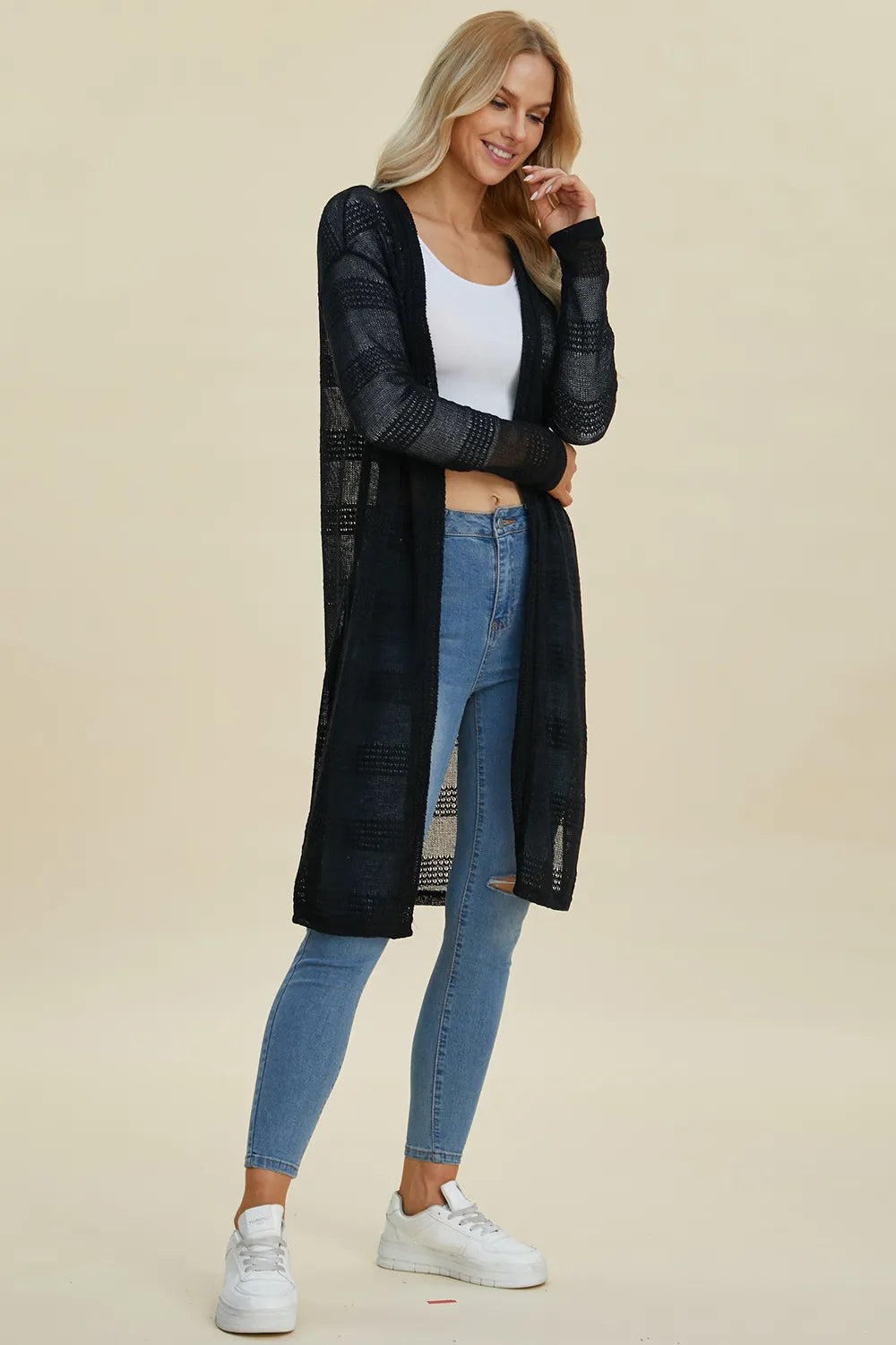 Double Take Full Size Open Front Longline Cardigan - cas7m