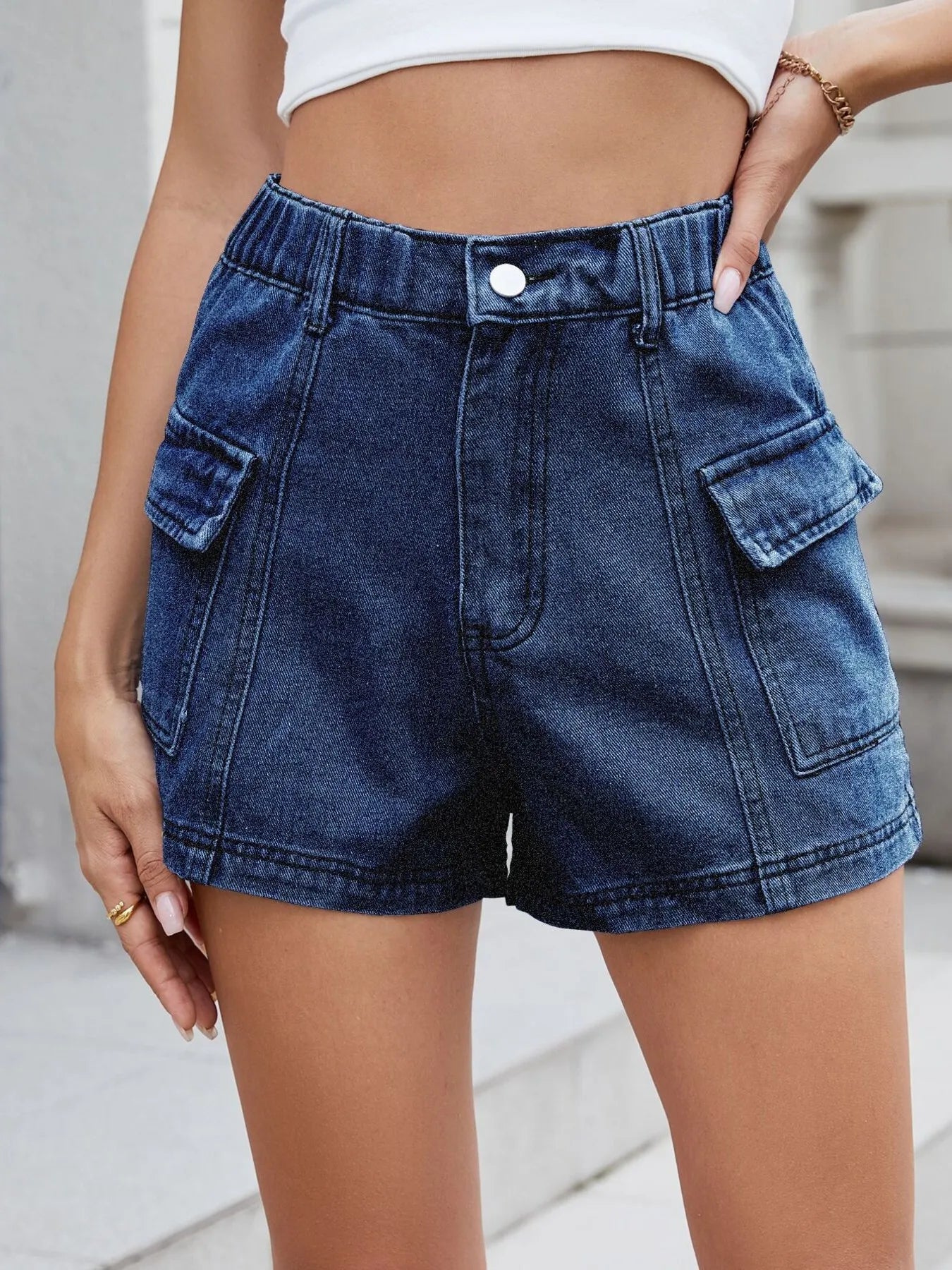 High Waist Cargo Denim Shorts - cas7m
