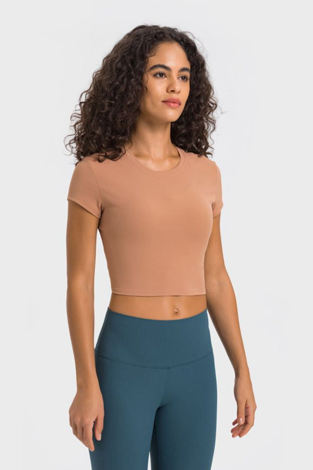 Soft Flex Cropped Yoga Top - Stretchy Solid Short Sleeve - cas7m