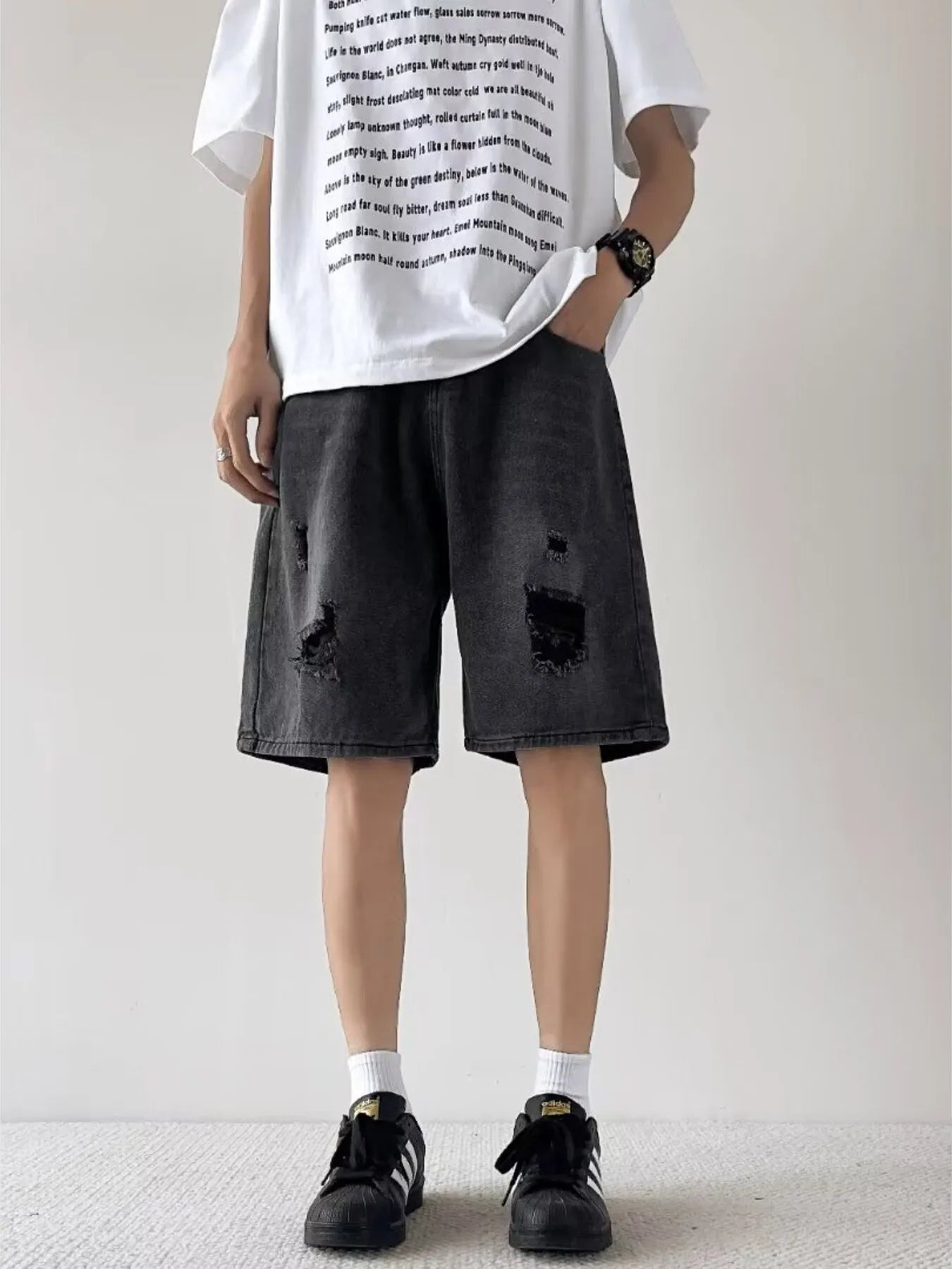 Men's Full Size Casual Loose Fit Ripped Denim Shorts Plus Size - cas7m