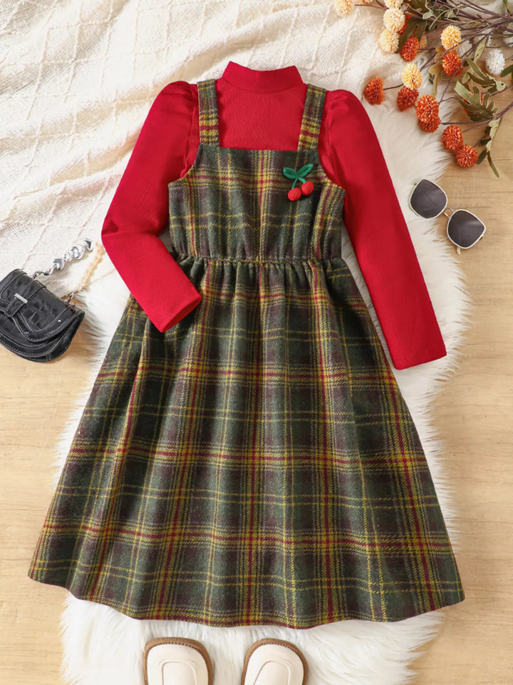 Children's Long Sleeve Top and Plaid Dress Set - cas7m