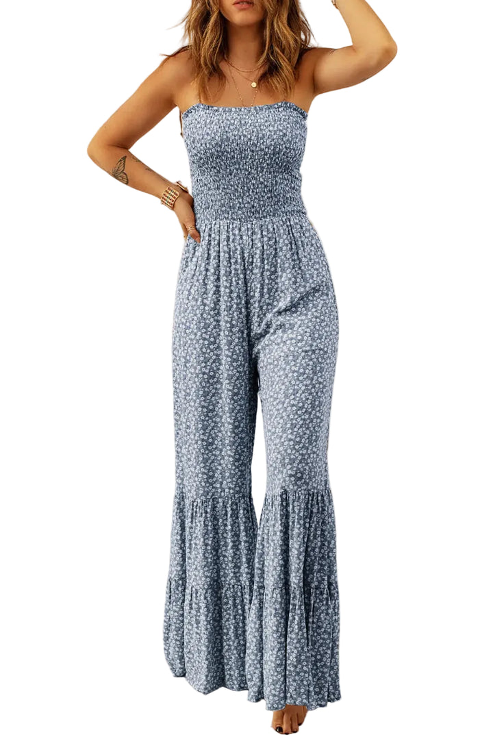Smocked Printed Wide Strap Jumpsuit - cas7m