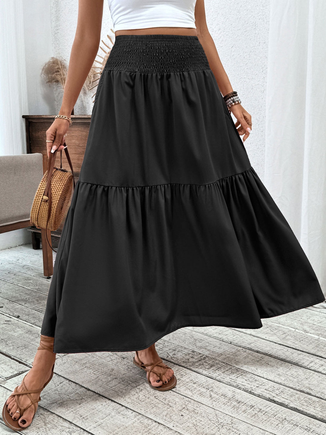Smocked Waist Tiered Skirt - cas7m