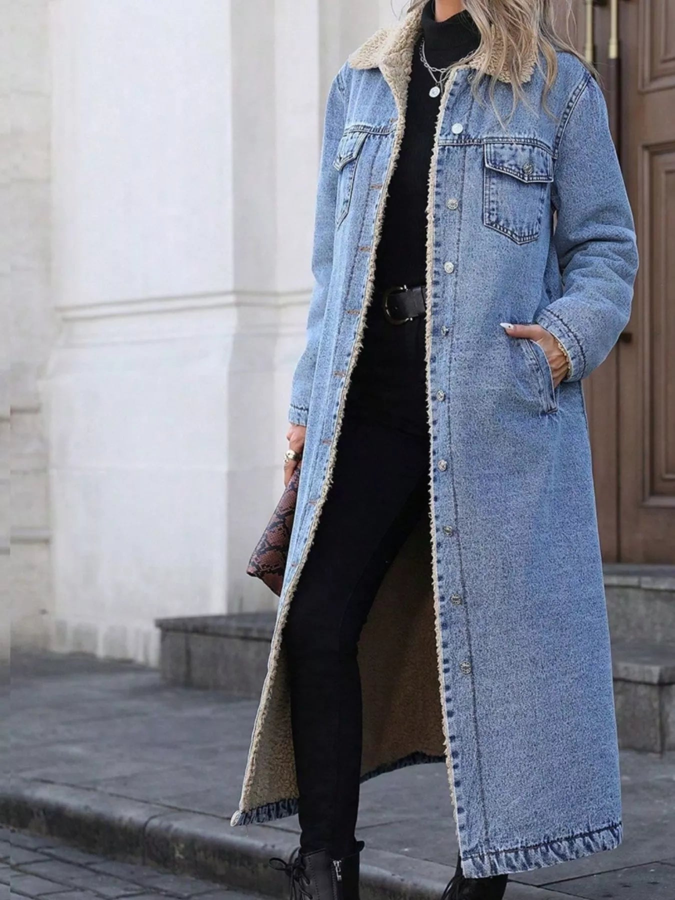 Sherpa Lined Longline Denim Jacket - cas7m