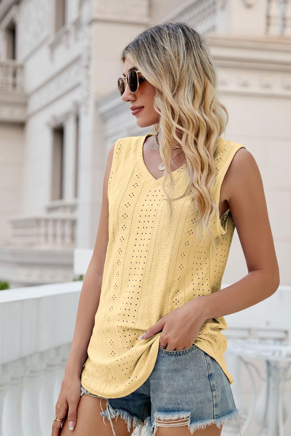 Eyelet V-Neck Tank - cas7m