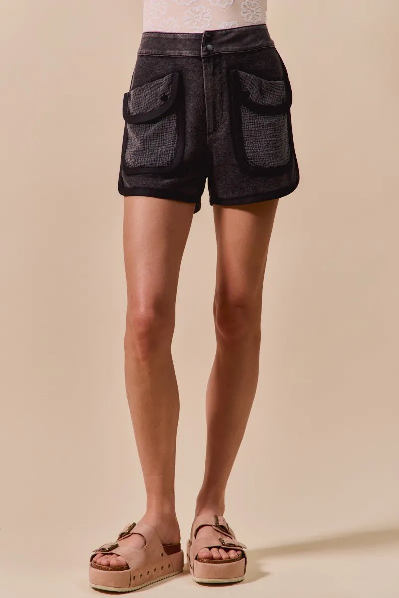 SO ME Mineral Washed Terry High Rise Cargo Shorts - cas7m
