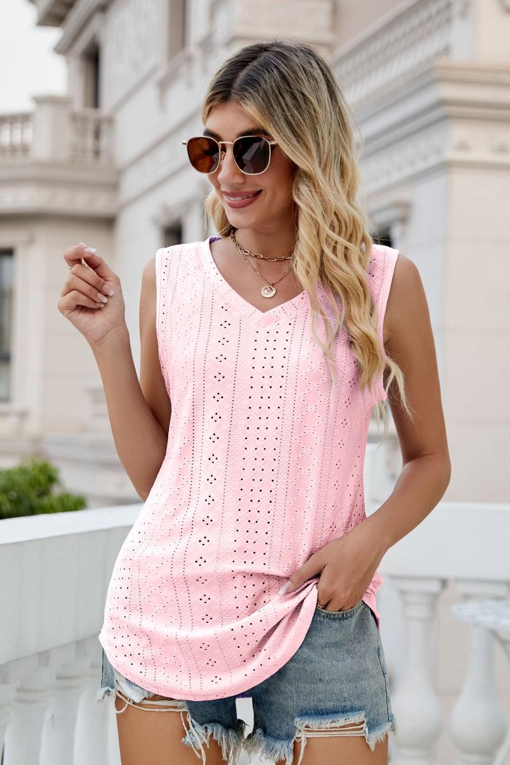Eyelet V-Neck Tank - cas7m