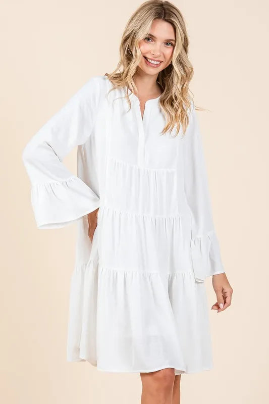 Mittoshop Tiered Notched Flare Sleeve Dress - cas7m