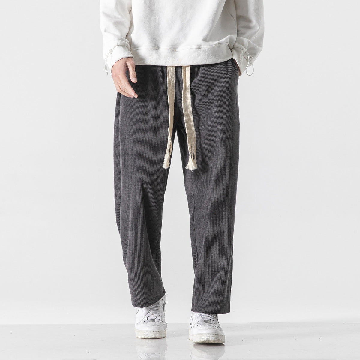Mens Corduroy Trendy Pants With Braided Drawstring - cas7m