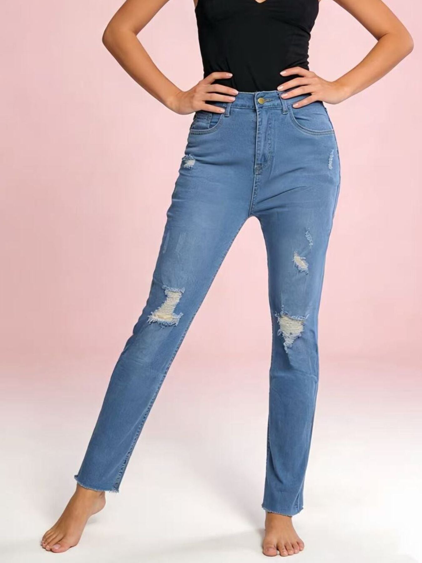 High-Waisted Distressed Jeans - cas7m