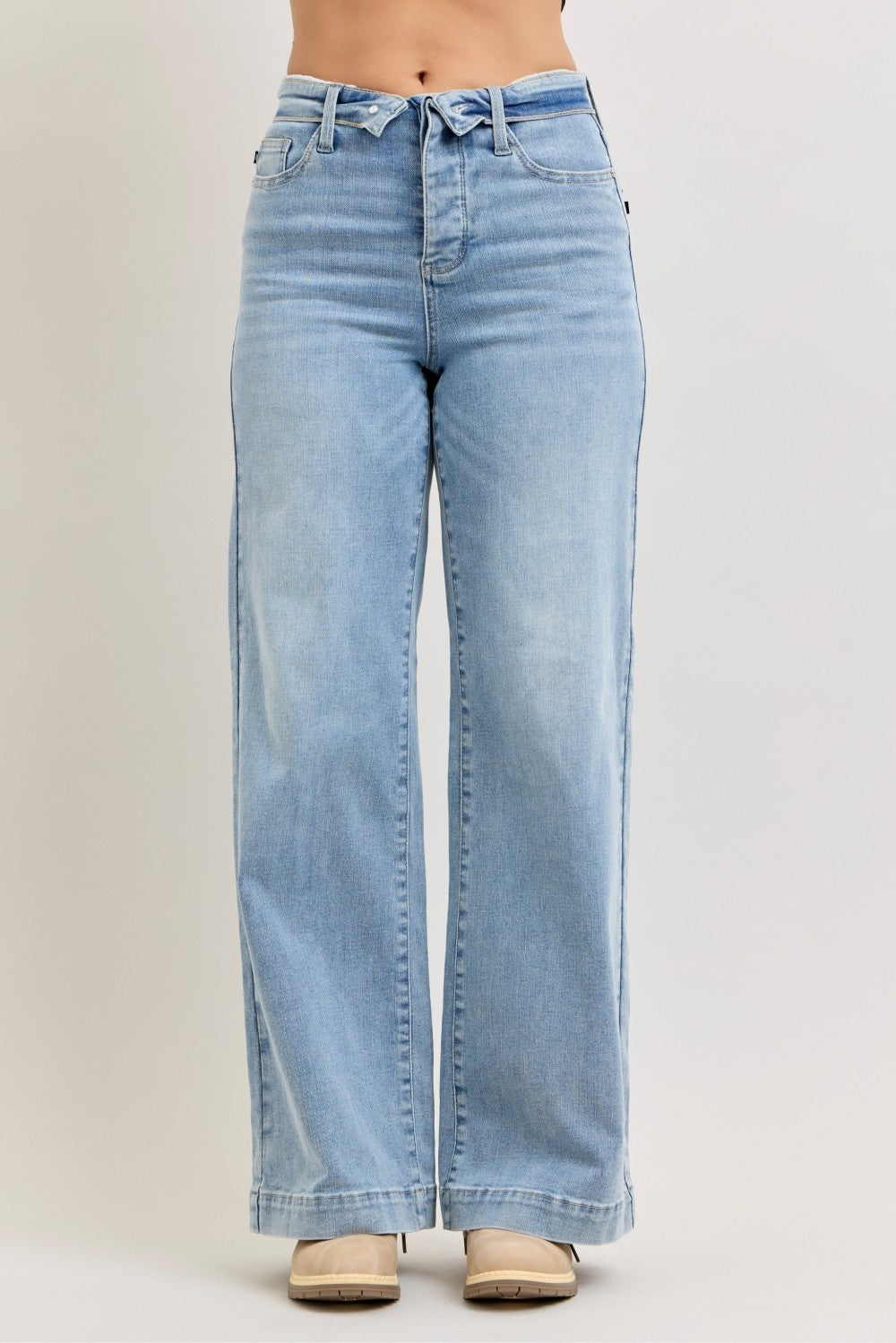 Judy Blue Mid Rise Retro Wide Leg Jeans with Fold-over Waistband - cas7m