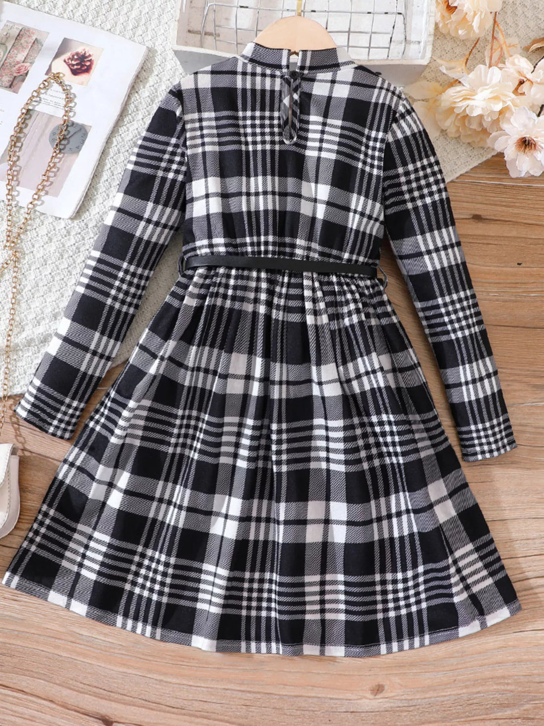 Children's Plaid Print Long Sleeve Dress - cas7m
