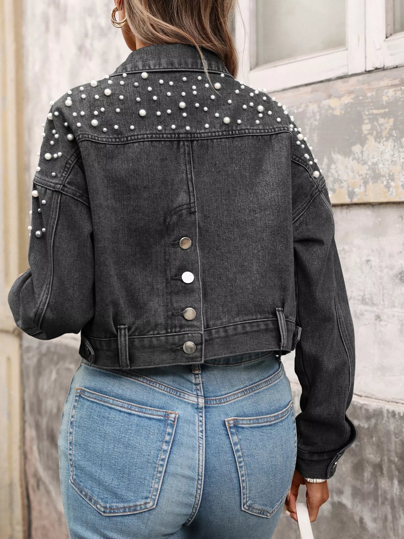 Pearl Embellished Cropped Denim Jacket - cas7m