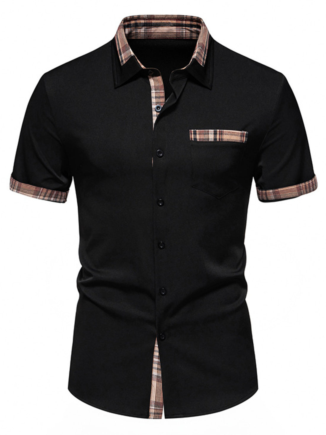 Men's Short Sleeve Plaid Trim Shirt - cas7m