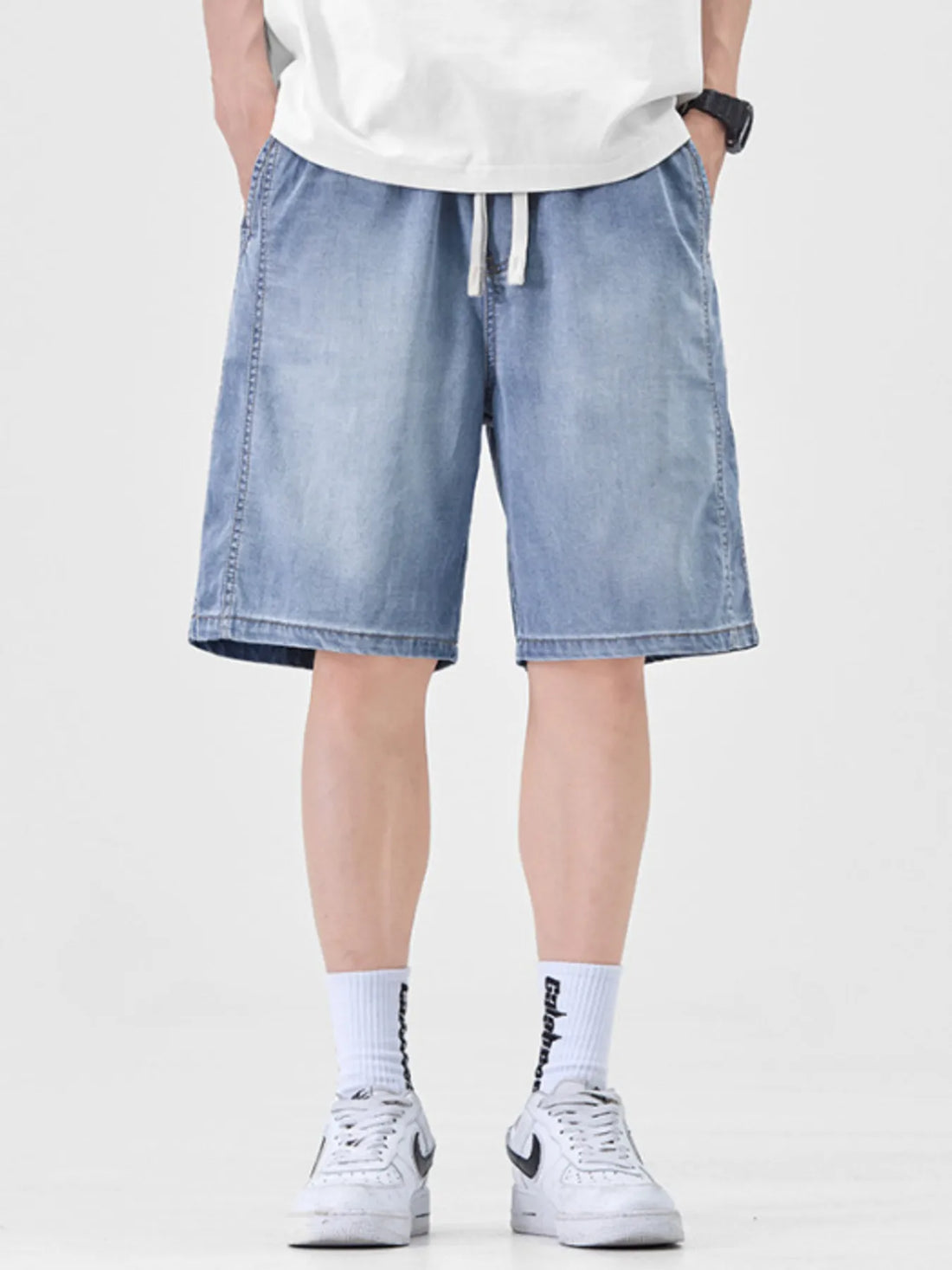 Men's Plus Size Casual Loose Fit Denim Shorts with Drawstring - cas7m