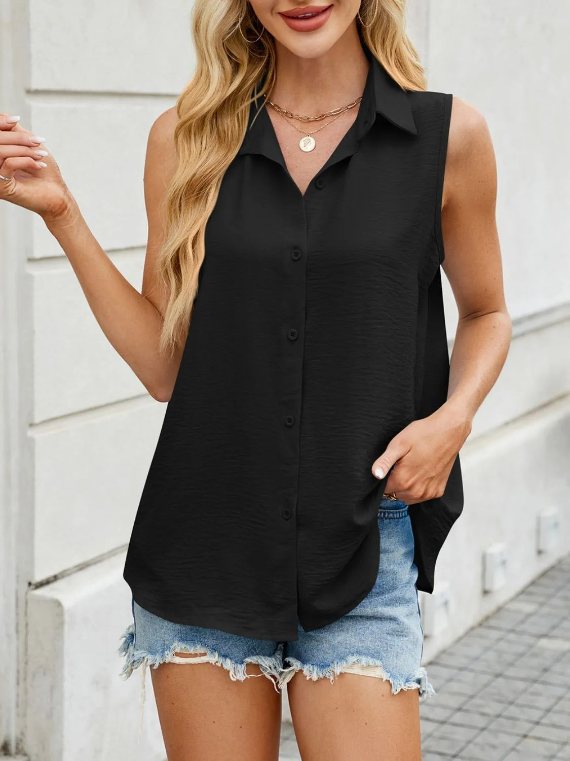 Button Down Collared Neck Tank - cas7m