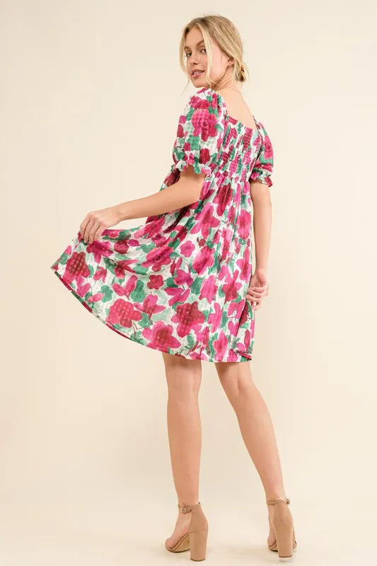 And The Why Smocked Floral Ruffle Short Sleeve Mini Dress - cas7m