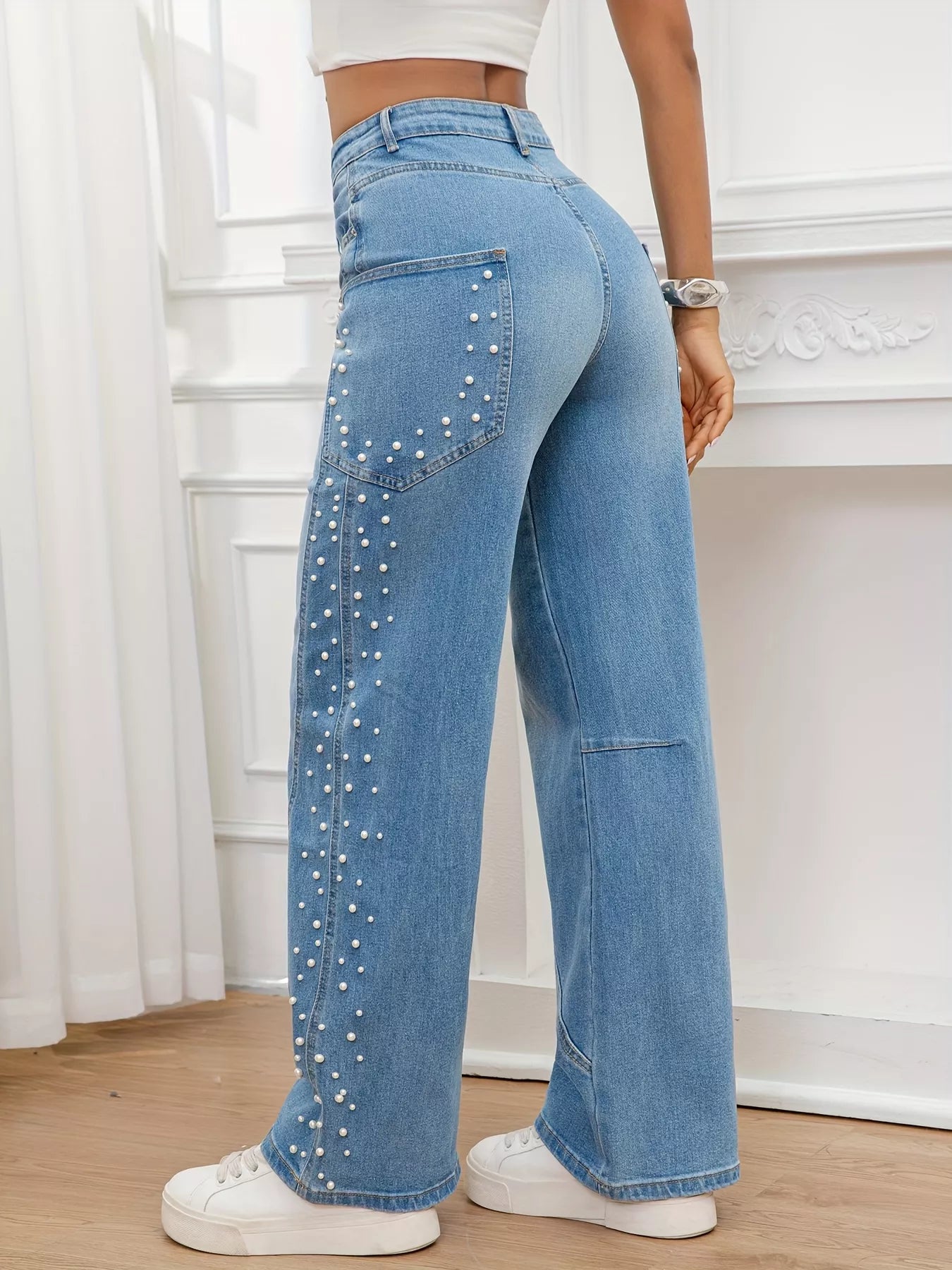 Pearl Embellished Wide Leg Jeans - cas7m