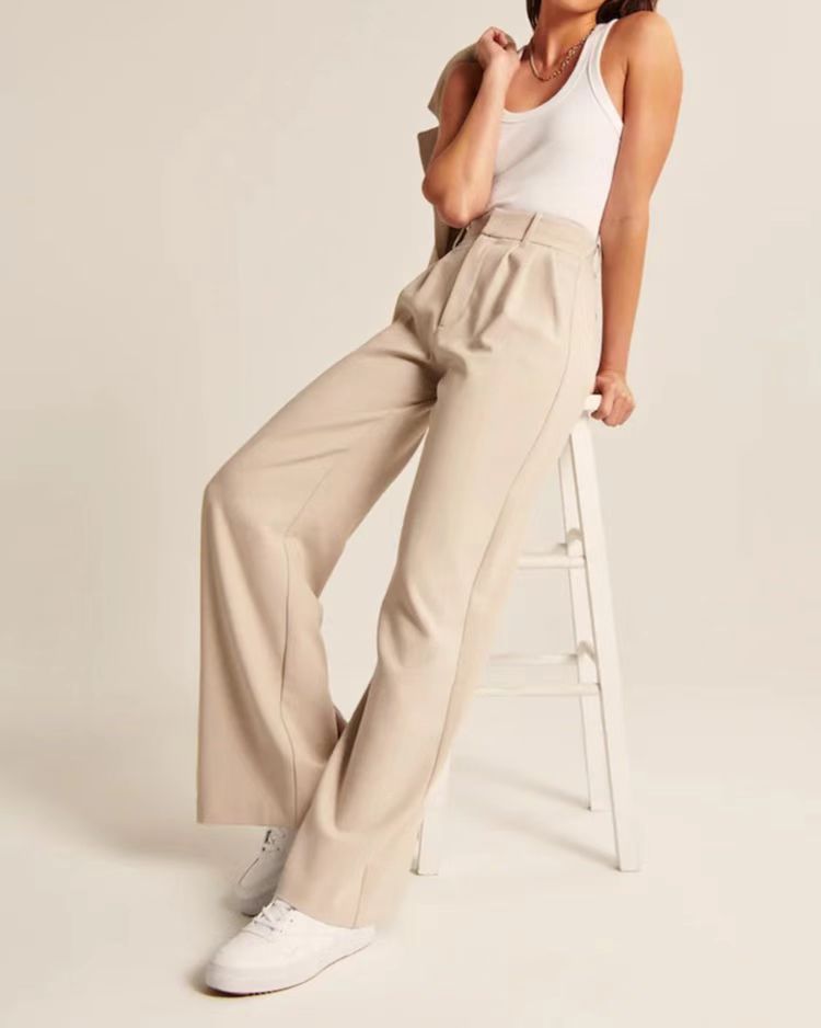 High Waist Straight Trousers With Pockets Wide Leg Casual Pants For Women - cas7m