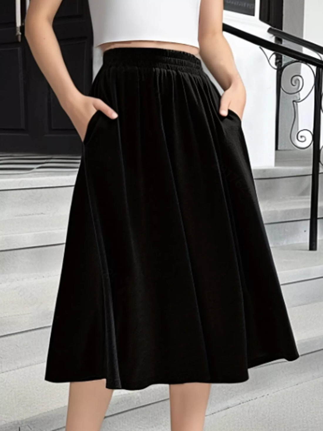 Elastic Waist A-Line Skirt with Pockets - cas7m